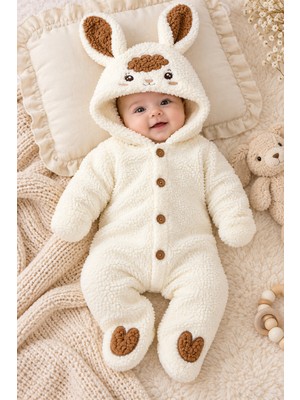 Beniizle 0-6 Ay Kuzu Desenli Peluş Bebek Tulum Kapüşonlu Welsoft Tulum