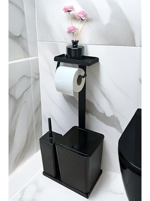Pratik Ev Siyah Çizgili 3'ü 1 Arada Banyo Seti, Tuvalet Kağıtlığı, Çöp Kovası ve Fırça