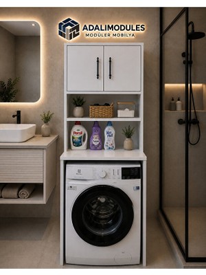 Adalımodules Deniz Iki Kapaklı Çamaşır Makinesi Üstü Banyo Düzenleyici 2 Bölmeli Üst Dolaplı Çok Amaçlı Banyo Dolabı