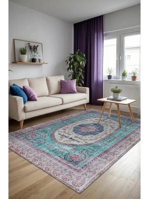 Pratik Ev Sable Vintage Desenli Şönil Pamuk Tabanlı Yıkanabilir Kaymaz Antibakteriyel Salon Halısı 80X150