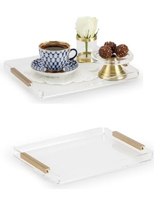 Pratik Ev Şeffaf Akrilik Dekoratif Tepsi Pirinç Kulplu Küçük Boy 23 x 18 x 2 cm Organizer Sunum Tepsisi