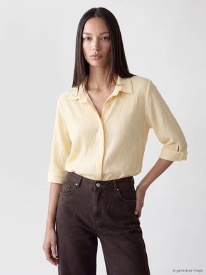 Lc Waikiki Yeni Sezon Sarı Gömlek Yaka Dokulu Oversize Bluz