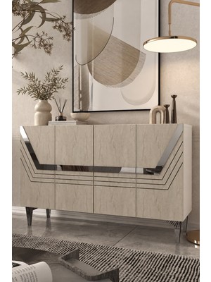 Dekortis Home Dekor 120DHDK9BTG Helen Pleksi Lazer Desen Kapaklı Konsol Tv Sehpası Beyaz-Traverten-Gümüş