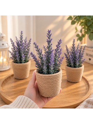 Ecrella 2’li Mini Saksı Yapay Lavanta Dekoratif Çiçek Masa Sehpa Raf Süsü 12-15 cm