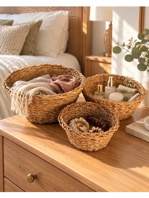 Bahçem Dekoratif Düzenleyici Natural Renk  Yuvarlak Seagrass Sepet 3'lü Set