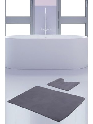 Pratik Ev Unicolor Gri 2'li Banyo Paspası Seti, 60X90 cm + 50X60 Cm, Kaymaz Klozet Taban Takımı
