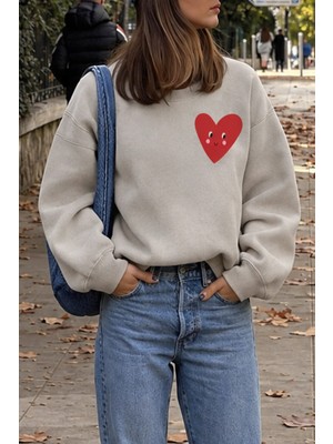 Monila Kadın Premium Kumaş 3 Iplik Şardonlu Kalp Baskılı Sweatshirt