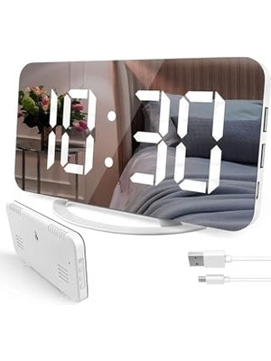 Pratik Ev Beyaz Dijital Ekranlı Aynalı Masa Saati, Çift USB ve Alarm Özellikli