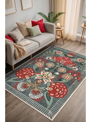 Pratik Ev Çiçekli Şönil Kaymaz Doğal Pamuk Tabanlı Yıkanabilir Antibakteriyel Çevre Dostu Salon Halısı 160X230