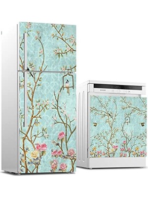 Pratik Ev Buzdolabı ve Bulaşık Makinası Beyaz Eşya Sticker Kaplama Küçük Çiçekler Ağaç