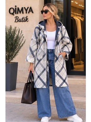 Qimya Butik Concept Kadın File Astarlı Kapüşonlu Ekoseli Oversize Bol Trençkot