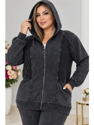 Cedy Denim Cedy Denım Kadın Büyük Beden Fermuarlı Kapüşonlu Rahat Kalıp Eşofman Takımı C7110