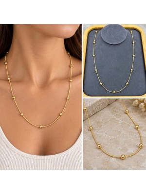 Fm 💎 Premium Parlak ve Şık Gold Renk Top Detaylı İnce 316L Çelik Zincir Kadın Kolye (45 cm)