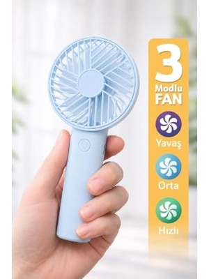 Pratik Ev Mavi F137 Şarjlı Mini El Fanı, 3 Kademeli, Standlı, Seyahat ve Masaüstü Kullanımı