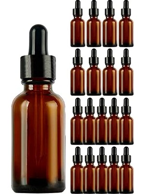 Pratik Ev 20 ml Amber Damlalıklı Cam Şişe, Siyah Metal Sızdırmaz Kapaklı, 18 Adet