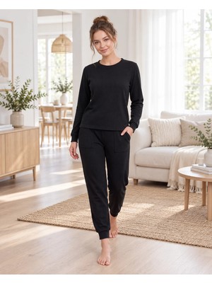 Dowry Kadın Kışlık Kaşkorse Pijama Takımı Bisiklet Yaka Uzun Kollu Örme Homewear S M L Xl 09-306