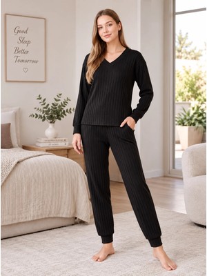 Dowry Kadın Kışlık Örme Kaşkorse Pijama Takımı V Yaka Uzun Kollu Çizgi Desenli Homewear S M L Xl 09-308