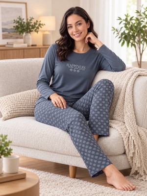 Kadın Viskon Pijama Takımı Uzun Kollu Bisiklet Yaka Desenli Pantolonlu Rahat Homewear Ev Giyim 79-155