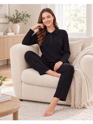 Dowry Kadın Kışlık Kaşkorse Homewear Takım Yakalı Uzun Kollu Çizgi Dokulu Örme Pijama S M L Xl 09-303