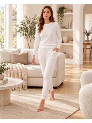 Dowry Kadın Kışlık Kaşkorse Pijama Takımı Bisiklet Yaka Uzun Kollu Örme Homewear S M L Xl 09-306