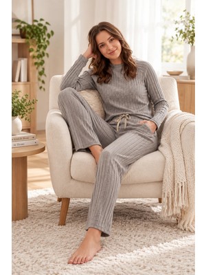 Dowry Kadın Kışlık Kaşkorse Homewear Takım Bisiklet Yaka Uzun Kollu Çizgi Dokulu Örme Pijama 09-304