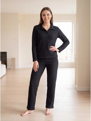 Dowry Kadın Kışlık Kaşkorse Homewear Takım Yakalı Uzun Kollu Çizgi Dokulu Örme Pijama S M L Xl 09-305