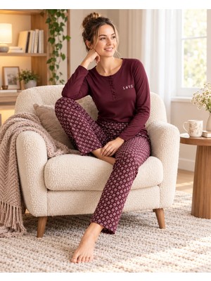 Kadın Düğmeli Patlı Yaka Uzun Kollu Viskon Pijama Takımı  Modern Sade ve Şık Homewear Ev Giyimi 79-154