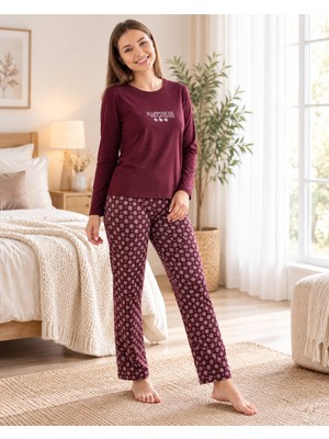 Kadın Viskon Pijama Takımı Uzun Kollu Bisiklet Yaka Desenli Pantolonlu Rahat Homewear Ev Giyim 79-155