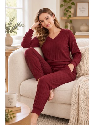 Dowry Kadın Kışlık Örme Kaşkorse Pijama Takımı V Yaka Uzun Kollu Çizgi Desenli Homewear S M L Xl 09-308