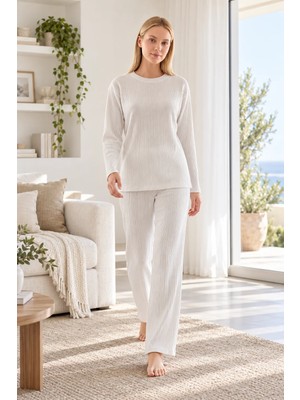 Dowry Kadın Kışlık Kaşkorse Homewear Takım Bisiklet Yaka Uzun Kollu Çizgi Dokulu Örme Pijama 09-300