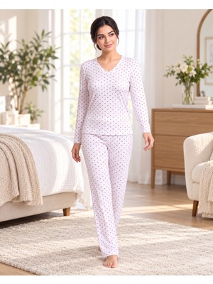 Kadın V Yaka Uzun Kollu Puantiyeli Viskon Pijama Takımı - Modern Sade ve Şık Homewear Ev Giyimi Seti 79-159