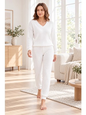 Dowry Kadın Kışlık Örme Kaşkorse Pijama Takımı V Yaka Uzun Kollu Çizgi Desenli Homewear S M L Xl 09-308