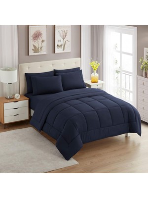 7 Parça Yorgan Seti Çanta Düz Renk Tüm Sezon Yumuşak Alternatif Battaniye ve Lüks Mikrofiber Yatak Çarşafları, Lacivert, Tam