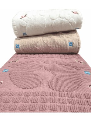 ayhanhome Pamuklu Nakışlı Ayak Havlusu 50 x 70 cm 3 Adet Pudra Krem Kahve Renkli Yumuşak Doku