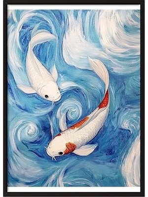 Pratik Ev Zestia Siyah Çerçeveli Tablo; Koi Balıkları, Mavi Dalgalar, Japon Stil Poster No: 107335 50 x 70