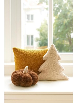 Saymine Teddy Dekoratif Yastık ve Çam Ağacı Iç Dolgulu Kırlent 3 Lü Kombin Kahve Hardal Krem 35 x 35