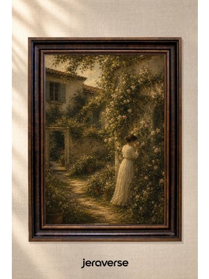 Jeraverse Kır Bahçesinde Beyaz Elbiseli Kadın Tekli Camlı Çerçeveli Vintage Tablo - 15 x 21 Antik Maun