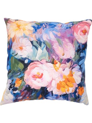 Içi Dolu Krep Örgü Üzerine Dijital Baskılı Kırlent 45X43 cm | Mavi Ağırlıklı Çiçekli Dekoratif Yastık