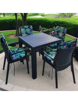Lüks Arkalıklı Sandalye Minderi 4lü 4cm Süngerli Yeşil Yaprak 42X42