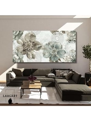 Pratik Ev Panoramik Kanvas Duvar Tablosu Desenli Fonda Geniş Çiçekler 120 x 60