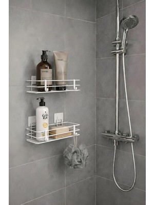 Tek Katlı Duş Rafı – Kancalı Banyo Şampuanlık & Organizer 2 Adet Beyaz Tş-01