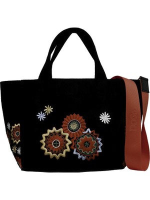 Dogo Kadın Vegan Siyah Medium Tote Bag - Blooming In The Dark Tasarım