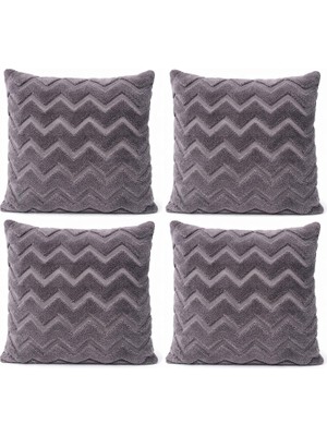 Dekoratif Peluş Kırlent Kılıfı Seti, Iskandinav Zigzag Balıksırtı Desenli, Modern Salon ve Koltuk Yastık Kılıfı, 42X42 cm (Zigzag Antrasit 4'lü)