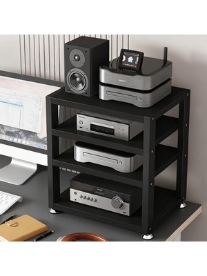 Vinil Pikap ve Hifi Amplifikatör Için 4 Seviyeli Ses Dolabı, CD ve Stereo Alıcı Saklama Kulesi, 48 cm Yükseklik - Siyah