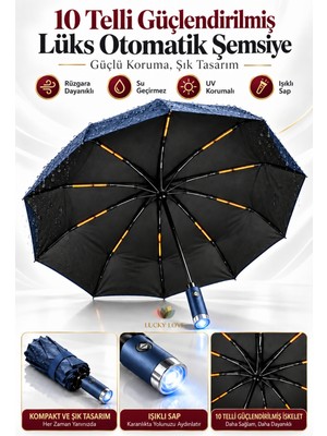 Lucky Love 10 Telli Güçlendirilmiş Lüks Otomatik Şemsiye LED Işıklı Çevrilebilir Sap Uv Korumalı Rüzgara Dayanıklı Su Geçirmez