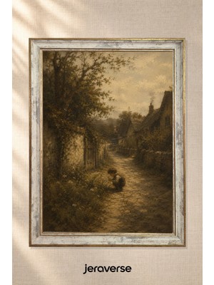 Jeraverse Gölge Yolunda Kır Sessizliği Tekli Camlı Çerçeveli Vintage Tablo - 15 x 21 Patina Krem