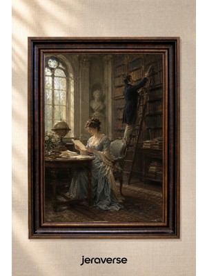 Jeraverse Mektuplar ve Eski Kütüphane Tekli Camlı Çerçeveli Vintage Tablo - 15 x 21 Antik Maun