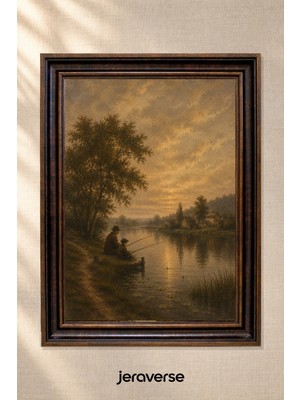 Jeraverse Gün Batımında Balık Tutan Baba ve Oğul Tekli Camlı Çerçeveli Vintage Tablo - 15 x 21 Antik Maun
