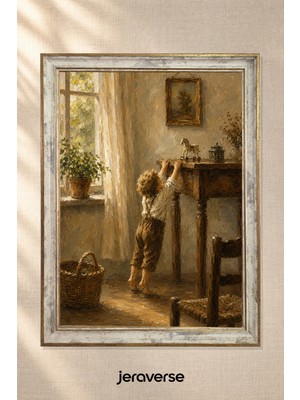 Jeraverse Eski Kır Evinde Meraklı Çocuk Tekli Camlı Çerçeveli Vintage Tablo - 15 x 21 Patina Krem