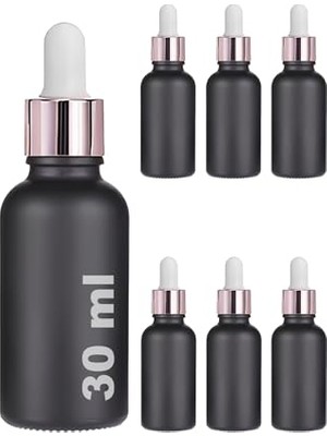 Pratik Ev 30 ml Mat Siyah Cam Damlalıklı Serum Şişesi 30 cc Renkli Metal Kapaklı Dropper Cam Şişe 6 Adet (Rose Gold Yüzük | Beyaz Lastik)